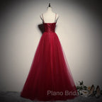 Gorgeous Dark Red Straps Tulle Long Party Dresses, A-line Formal Dresses
