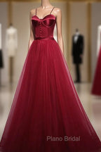 Gorgeous Dark Red Straps Tulle Long Party Dresses, A-line Formal Dresses