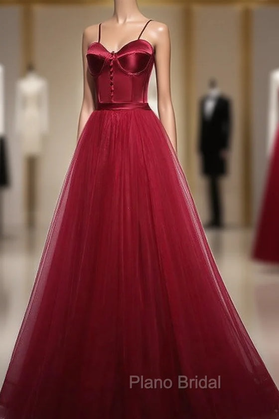 Gorgeous Dark Red Straps Tulle Long Party Dresses, A-line Formal Dresses
