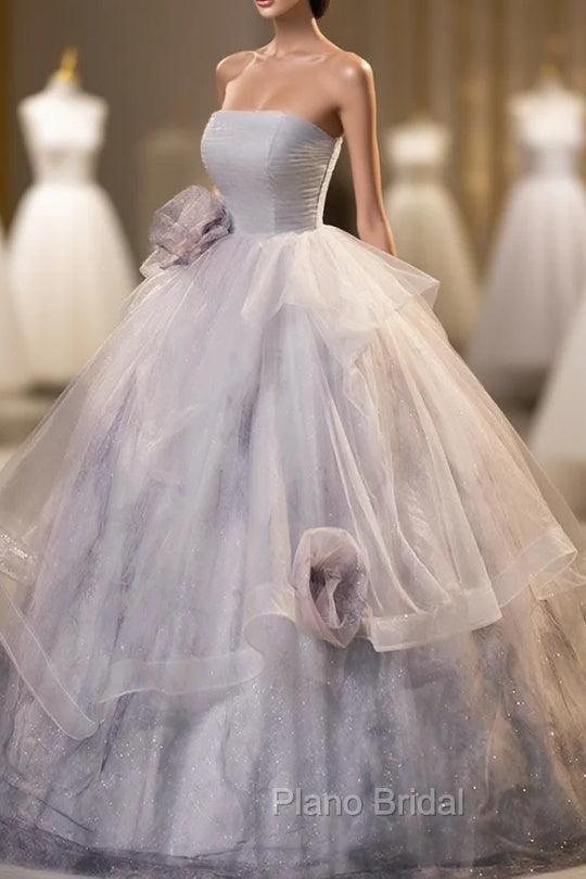 Gorgeous Gray Tulle Long Formal Dresses, Gray Strapless Evening Dresses