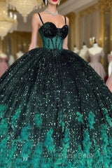 Gorgeous Green Sequins Feathers Ball Gown Quinceanera Dresses Formal Sweet 16 Formal Prom Dresses