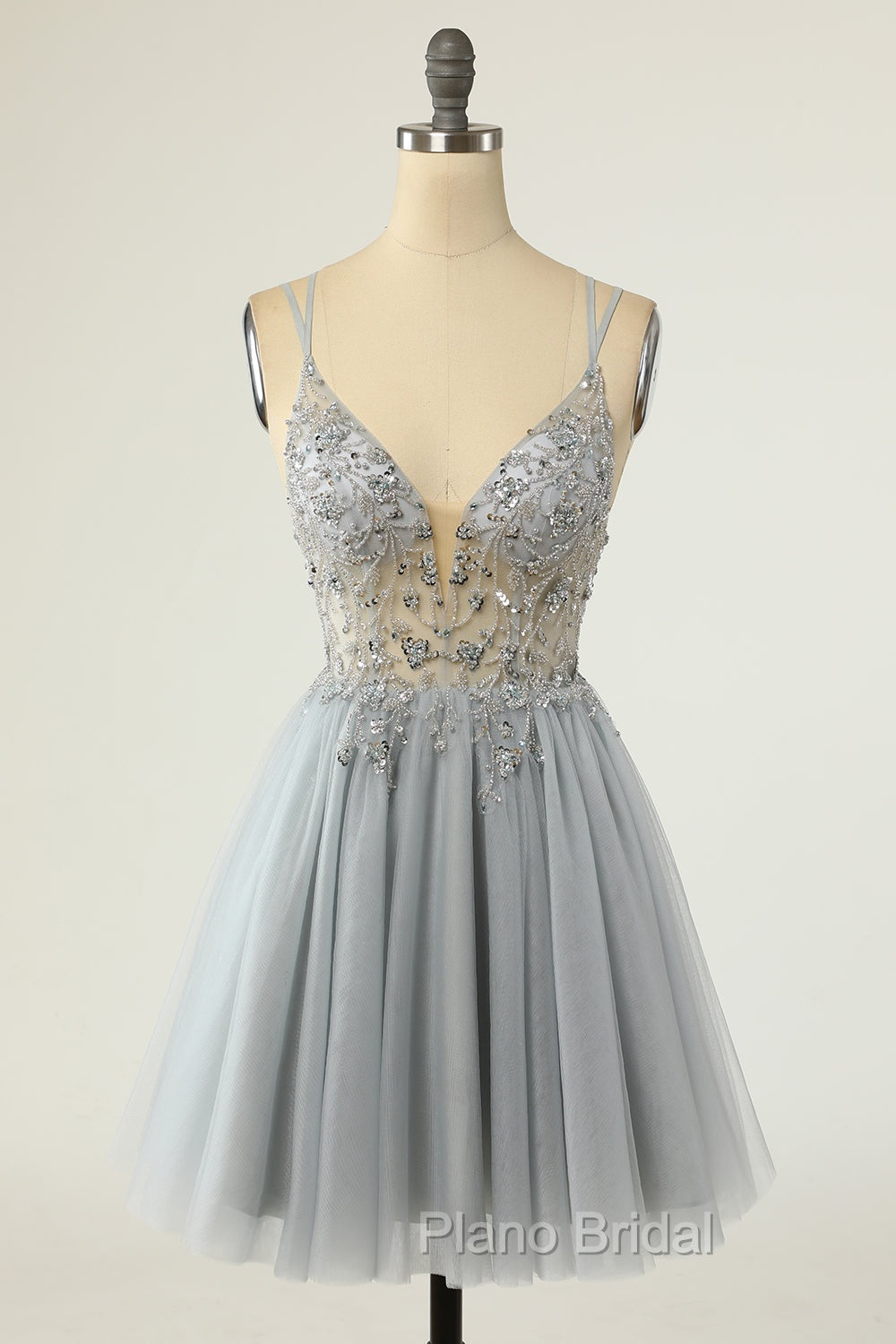 Gorgeous Grey Homecoming Dresses A Line Spaghetti Straps Short Formal Prom Dresses with Beading Secondary image