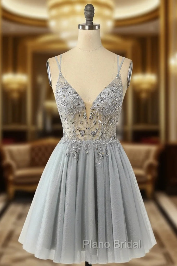 Gorgeous Grey Homecoming Dresses A Line Spaghetti Straps Short Formal Prom Dresses with Beading
