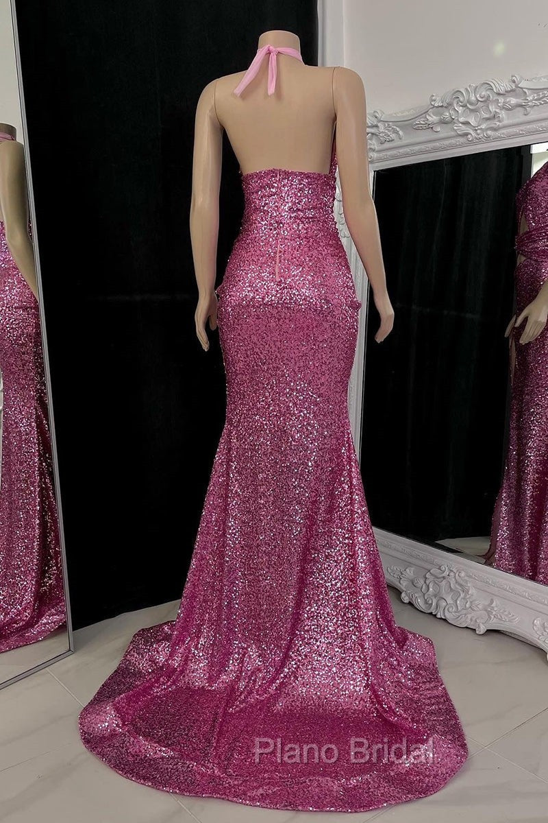 Gorgeous Halter Pink Formal Prom Dresses Sequins Sleeveless Long With Split Secondary image