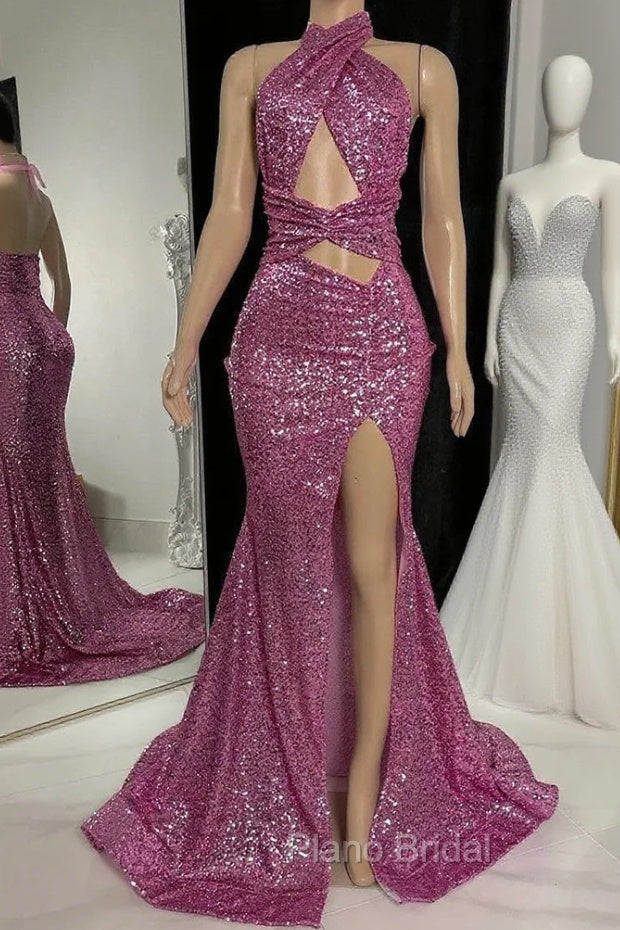 Gorgeous Halter Pink Formal Prom Dresses Sequins Sleeveless Long With Split