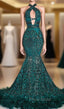 Gorgeous Halter Sleeveless Mermaid Formal Prom Dresses Sequins Long With Feather Bottom
