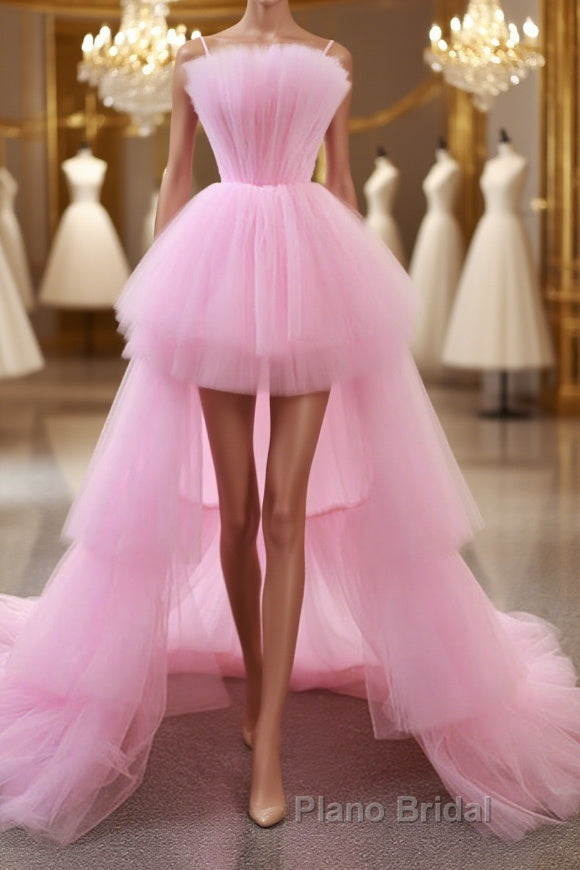 Gorgeous High Low Pink Tulle Long Formal Prom Dresses, Pink Tulle Formal Graduation Evening Dresses Main image