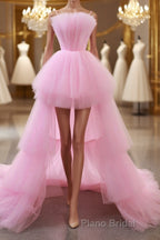 Gorgeous High Low Pink Tulle Long Formal Prom Dresses, Pink Tulle Formal Graduation Evening Dresses