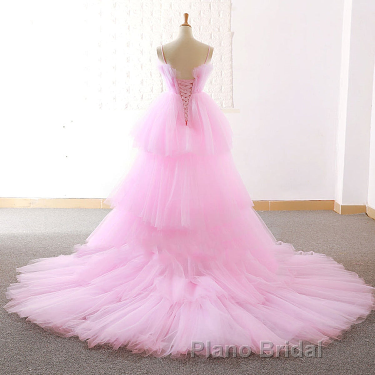 Gorgeous High Low Pink Tulle Long Formal Prom Dresses, Pink Tulle Formal Graduation Evening Dresses