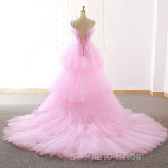 Gorgeous High Low Pink Tulle Long Formal Prom Dresses, Pink Tulle Formal Graduation Evening Dresses