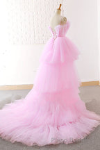 Gorgeous High Low Pink Tulle Long Formal Prom Dresses, Pink Tulle Formal Graduation Evening Dresses