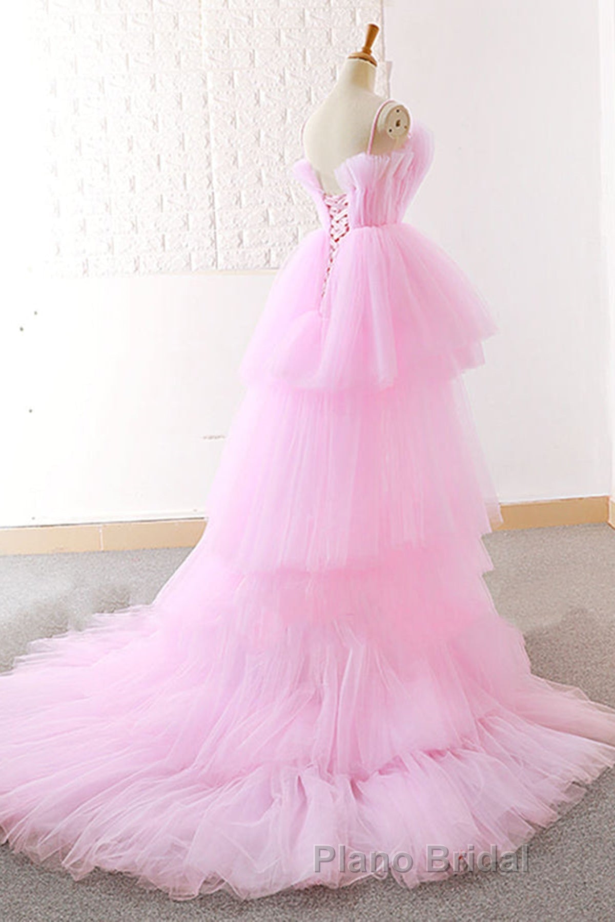 Gorgeous High Low Pink Tulle Long Formal Prom Dresses, Pink Tulle Formal Graduation Evening Dresses