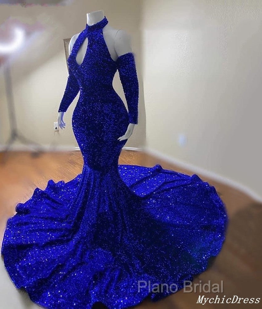 Gorgeous High Neck Long Sleeve Royal Blue Formal Prom Dresses Sequins Party Dresses Secondary image