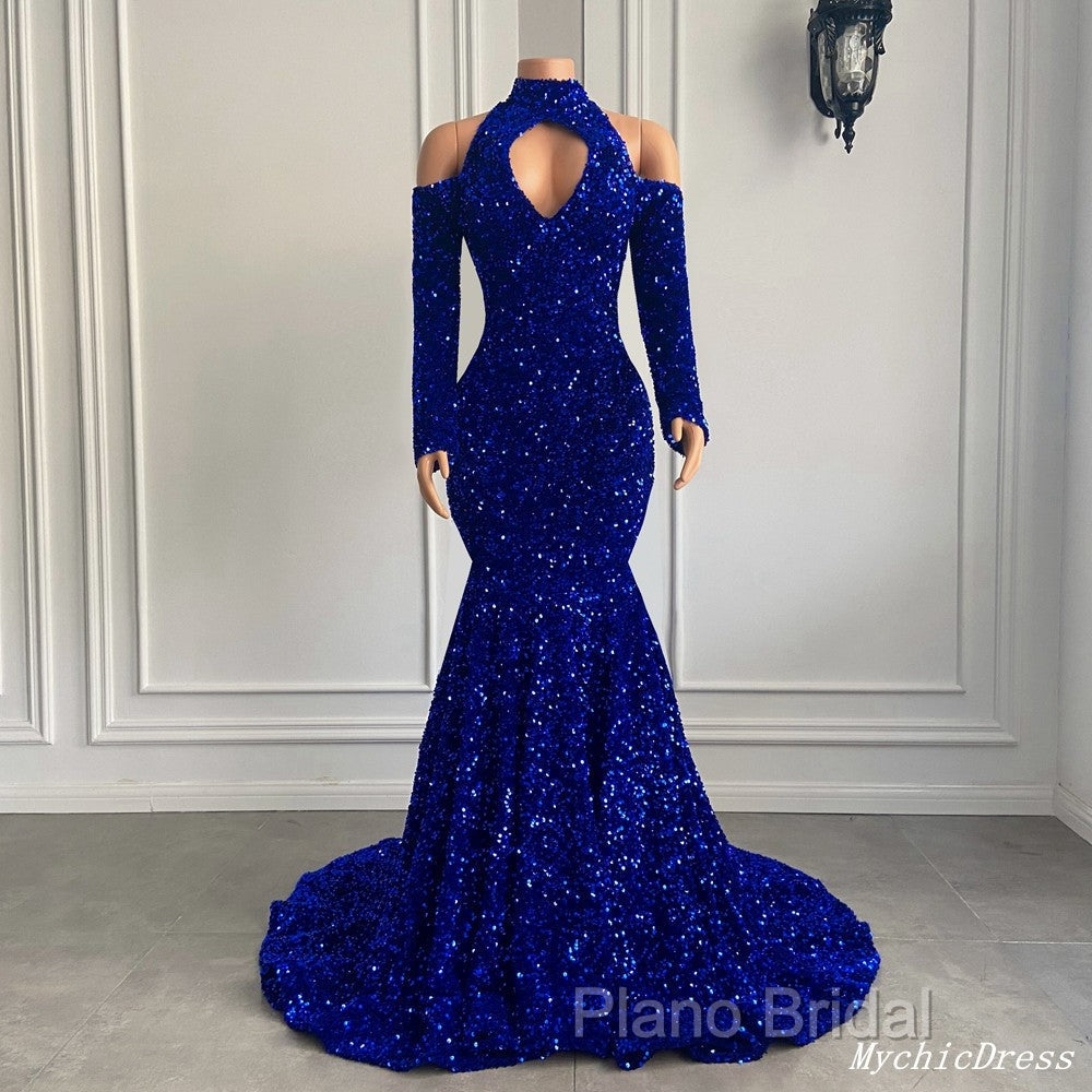 Gorgeous High Neck Long Sleeve Royal Blue Formal Prom Dresses Sequins Party Dresses