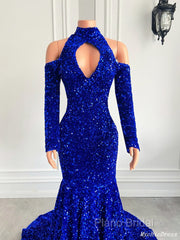 Gorgeous High Neck Long Sleeve Royal Blue Formal Prom Dresses Sequins Party Dresses