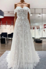 Gorgeous Long A-line Off-the-shoulder Tulle Appliques Lace Wedding Dress