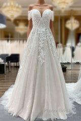 Gorgeous Long A-line Off-the-shoulder Tulle Lace Appliques Wedding Dress