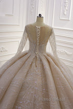 Gorgeous Long Ball Gown Bateau Crystal Wedding Dress with Sleeves