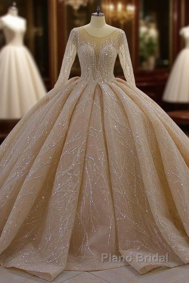 Gorgeous Long Ball Gown Bateau Crystal Wedding Dress with Sleeves