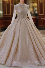 Gorgeous Long High neck Sequin Satin Ball Gown Wedding Dress with Sleeves