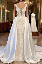Gorgeous Long Mermaid V-neck Lace Wedding Dresses with Satin Detachable Train