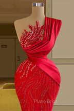 Gorgeous Long Red Mermaid One Shoulder Lace Sequined Sleeveless Formal Prom Dresses