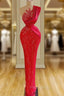 Gorgeous Long Red Mermaid One Shoulder Lace Sequined Sleeveless Formal Prom Dresses