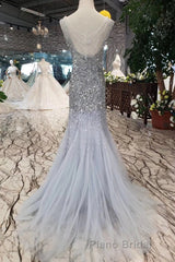 Gorgeous Mermaid Backless Silver Grey Sequins Formal Prom Dress, Mermaid Silver Grey Formal Dress, Shiny Silver Grey Evening Dress