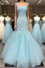 Gorgeous Mermaid Light Blue Lace Long Formal Prom Dresses, Light Blue Mermaid Lace Formal Dresses, Mermaid Lace Evening Dresses