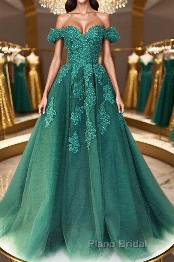 Gorgeous Off Shoulder Green Lace Long Formal Prom Dresses, Green Lace Formal Evening Dresses, Green Ball Gown Main image