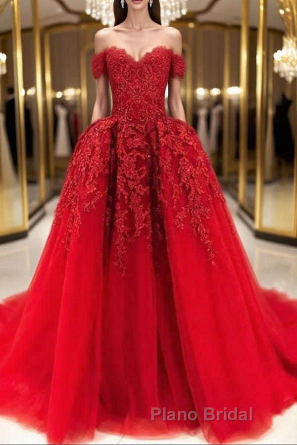 Gorgeous Off Shoulder Red Lace Long Formal Prom Dresses, Red Lace Formal Evening Dresses, Red Ball Gown Main image