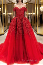 Gorgeous Off Shoulder Red Lace Long Formal Prom Dresses, Red Lace Formal Evening Dresses, Red Ball Gown