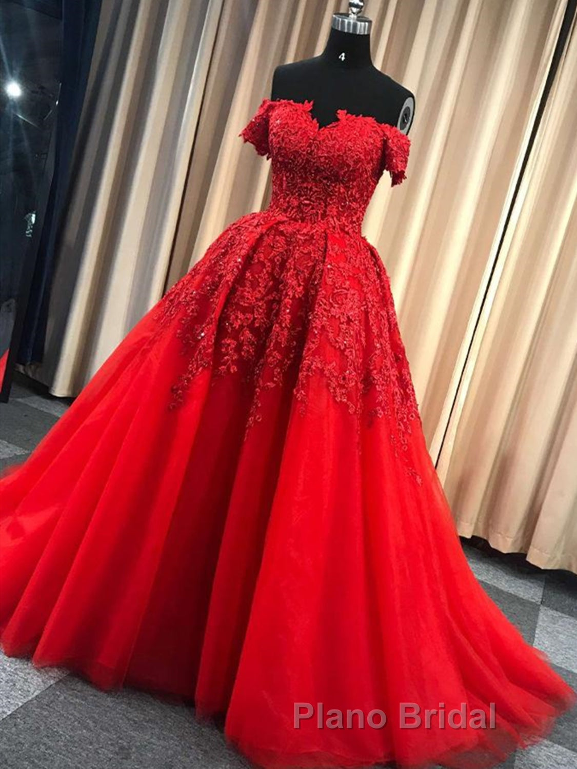 Gorgeous Off Shoulder Red Lace Long Formal Prom Dresses, Red Lace Formal Evening Dresses, Red Ball Gown Secondary image