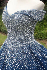 Gorgeous Off Shoulder Sequins Blue Long Formal Prom Dress, Shiny Sequins Blue Formal Evening Dress, Blue Ball Gown