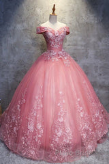Gorgeous Off the Shoulder Pink Lace Appliques Long Formal Prom Dress, Off Shoulder Pink Formal Dress, Pink Evening Dress, Ball Gown