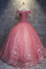 Gorgeous Off the Shoulder Pink Lace Appliques Long Formal Prom Dress, Off Shoulder Pink Formal Dress, Pink Evening Dress, Ball Gown