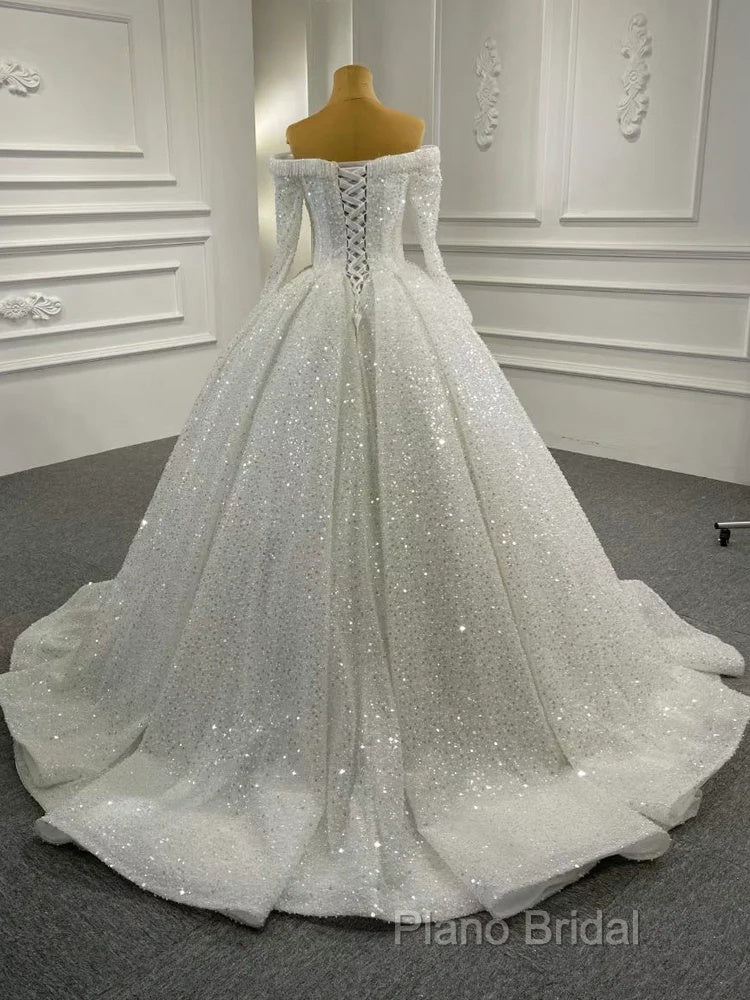 Gorgeous Off The Shoulder Sparkly Ball Gown Sequin Wedding Dresses With Sleeves Secondary image
