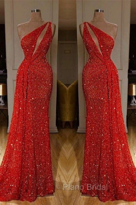 Gorgeous One Shoulder Red Sequins Long Formal Prom Dresses Secondary image