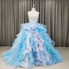 Gorgeous Organza Flowers Blue Sweet 16 Gown, Handmade Party Dresses