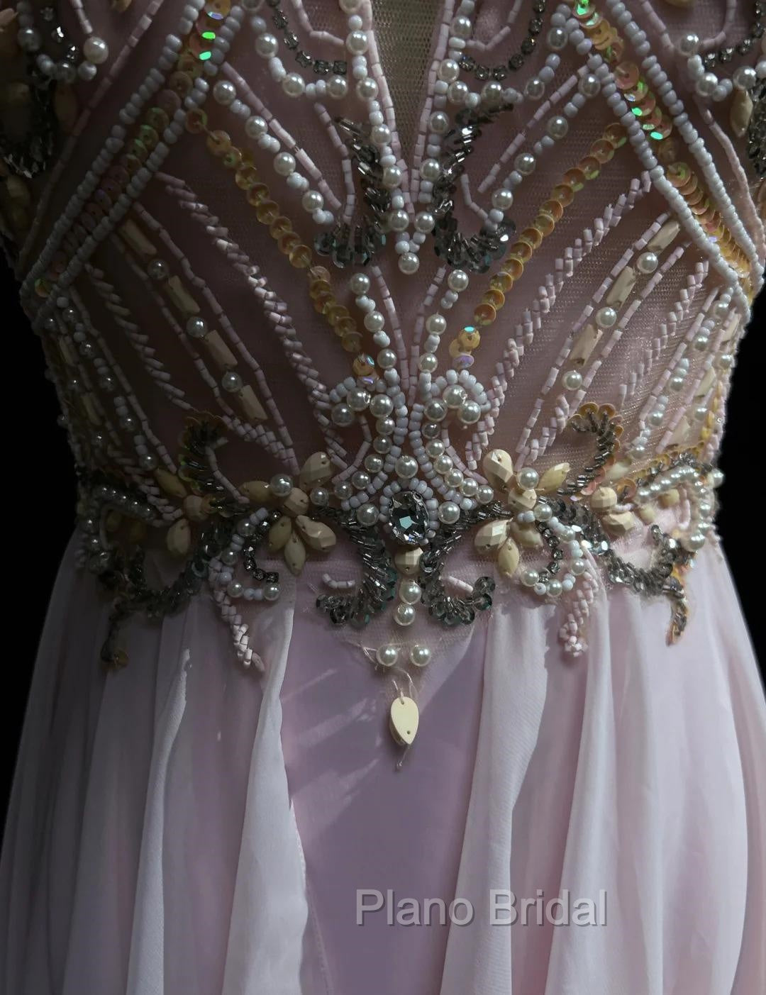 Gorgeous Pink A-Line Tulle High Neck Chiffon Long Beaded Backless Formal Prom Dresses Retro Wedding Birthday Dresses