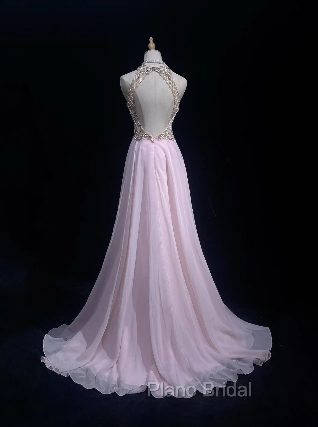 Gorgeous Pink A-Line Tulle High Neck Chiffon Long Beaded Backless Formal Prom Dresses Retro Wedding Birthday Dresses