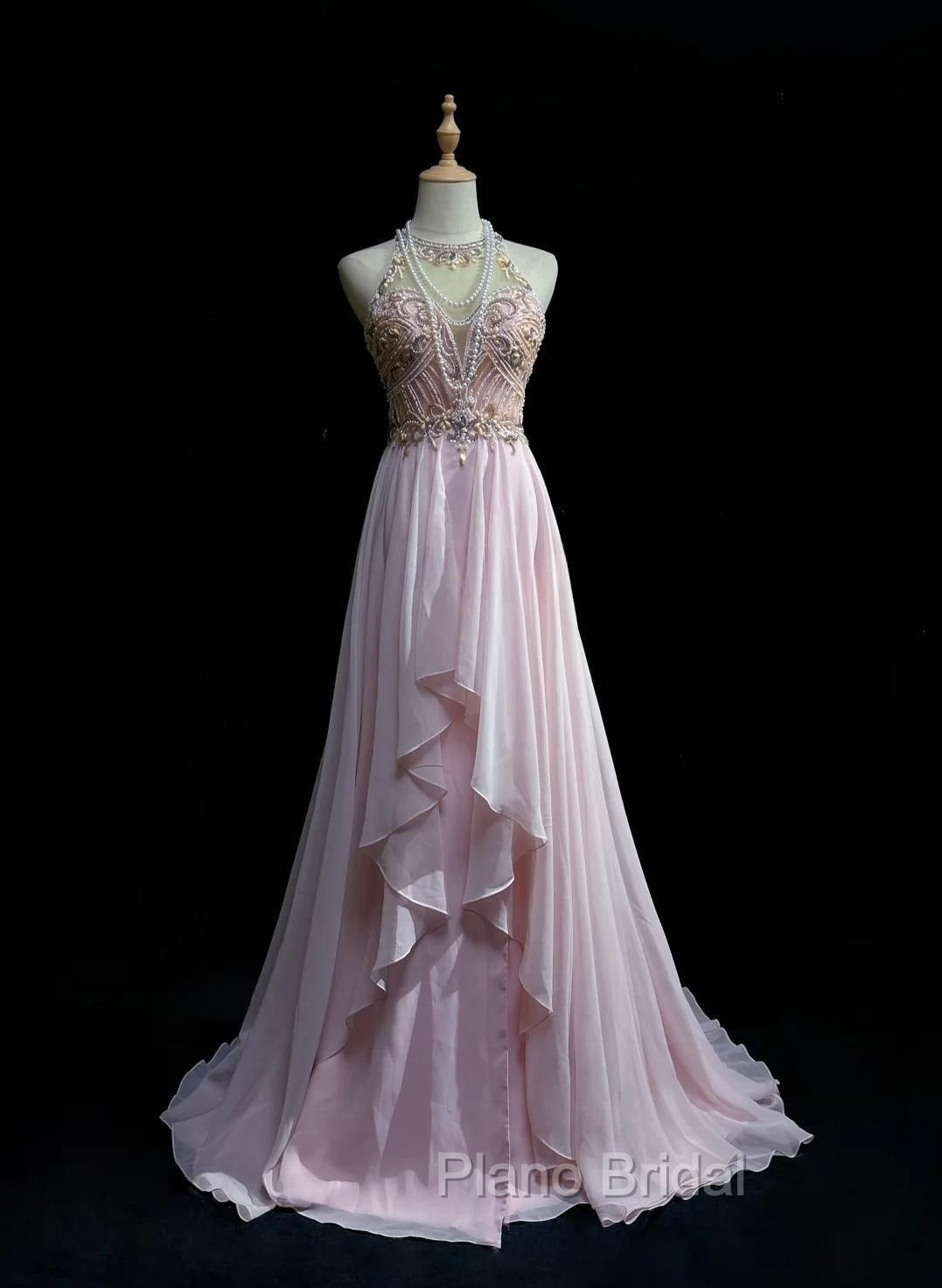 Gorgeous Pink A-Line Tulle High Neck Chiffon Long Beaded Backless Formal Prom Dresses Retro Wedding Birthday Dresses