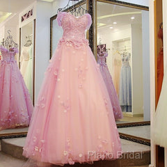 Gorgeous Pink Flowers Off Shoulder Party Dresses, Pink Formal Dresses Ball Gown Formal Dresses