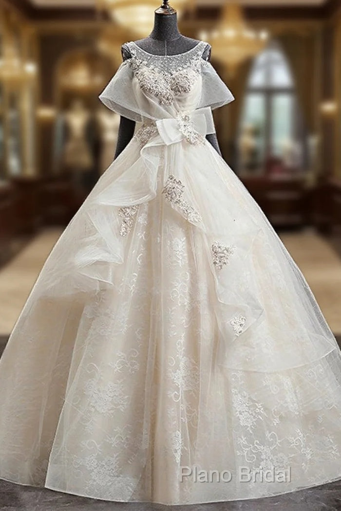 Gorgeous Princess Lace Appliques Beading Yarn Back Unique Sleeve Pretty Bow Ruffles Ball Gown Wedding Dresses Main image