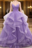 Gorgeous Purple Straps Layers Tulle V-neckline Long Evening Dresses, Light Purple Formal Prom Dresses