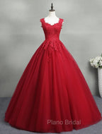 Gorgeous Red Ball Gown Sweet 16 Gown, Red Tulle with Lace Applique Party Dresses