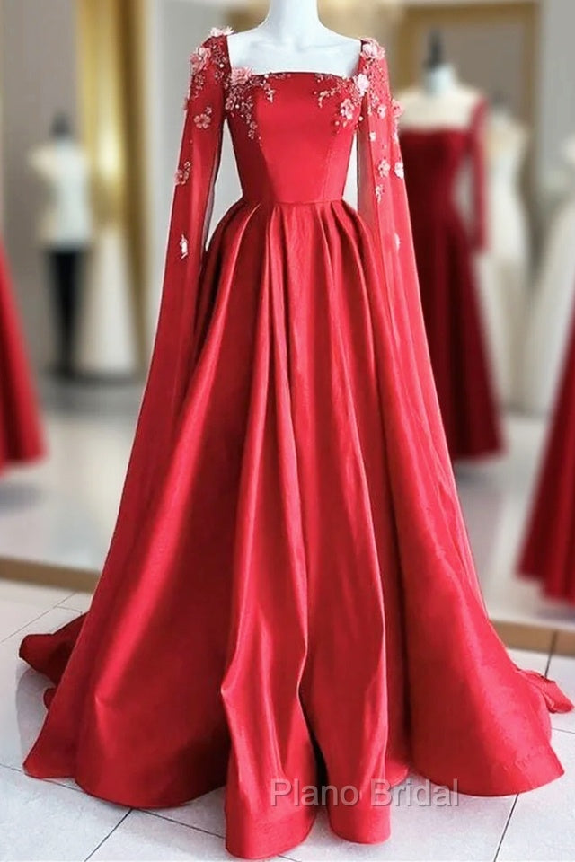 Gorgeous Red Satin Appliques Formal Prom Dresses,Formal A Line Party Evening Dresses With Cape Main image