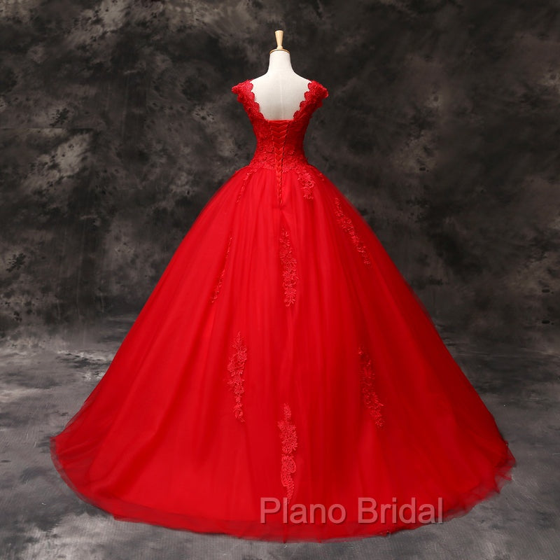 Gorgeous Red Tulle Ball Gown Long Formal Dresses with Lace Flowers, Red Sweet 16 Dresses