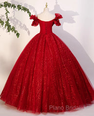 Gorgeous Red Tulle Ball Gown Off Shoulder Sweet 16 Dresses, Red Long Formal Dresses