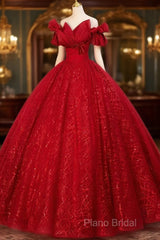 Gorgeous Red Tulle Ball Gown Off Shoulder Sweet 16 Dresses, Red Long Formal Dresses